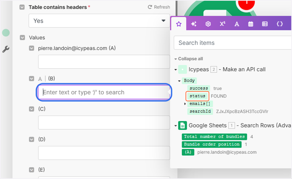 Click on the "(B)" field and select "status".