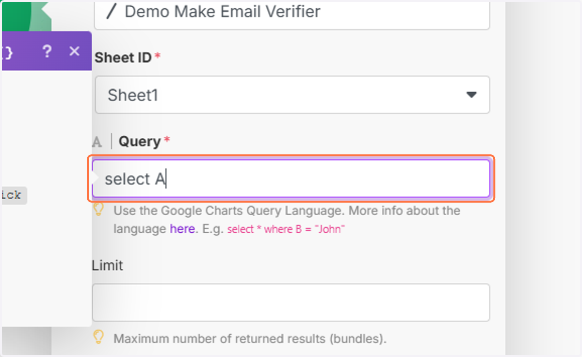 In the Query field, type: "select A"