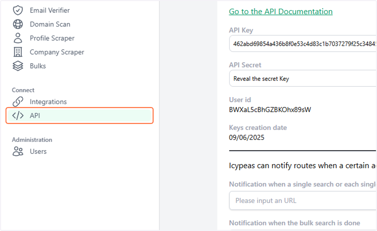 Go to Icypeas.com, sign up or log in, and navigate to the API tab.