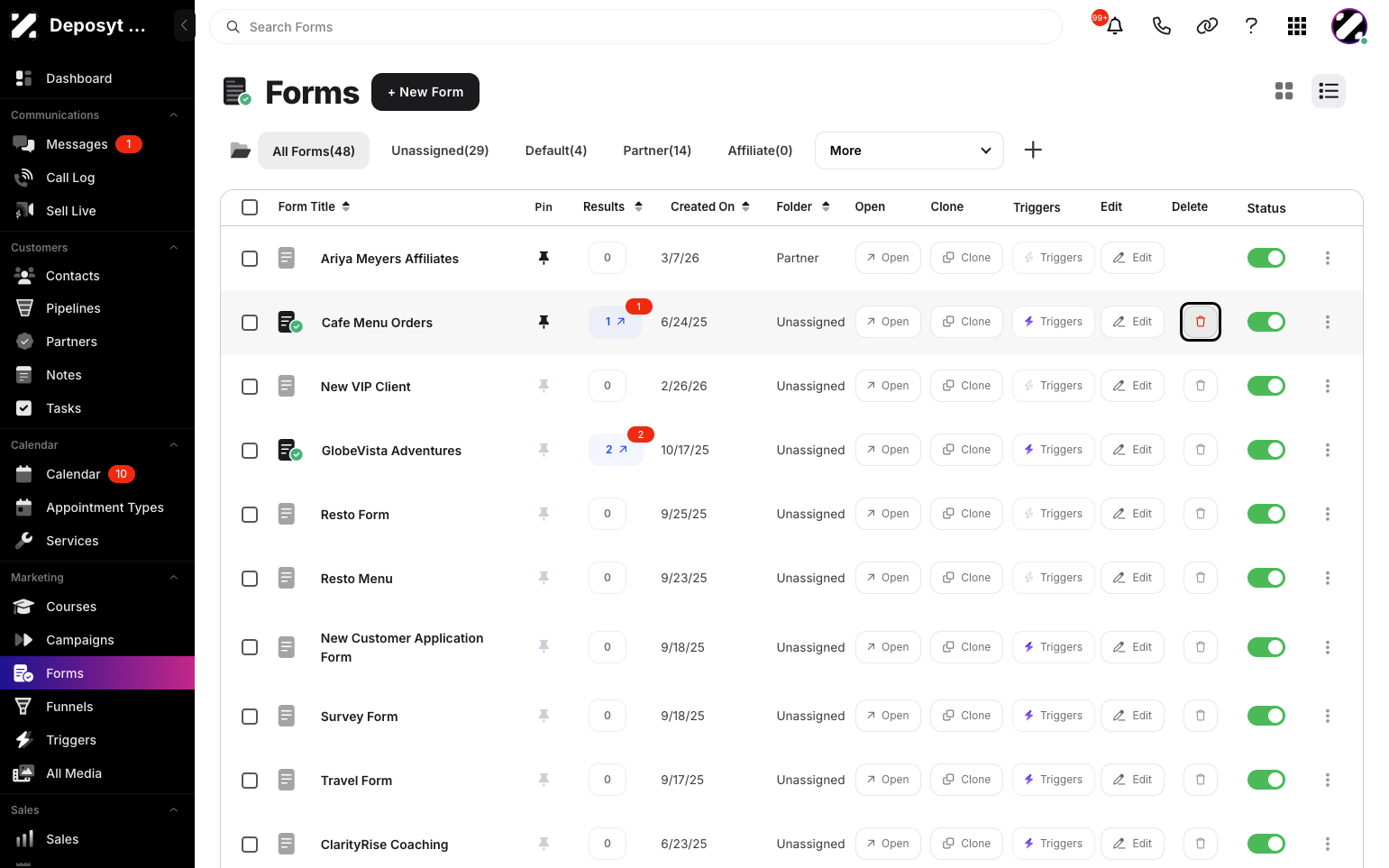 Step 2: You are then navigated to Forms. Click the Trash icon in the Delete column.