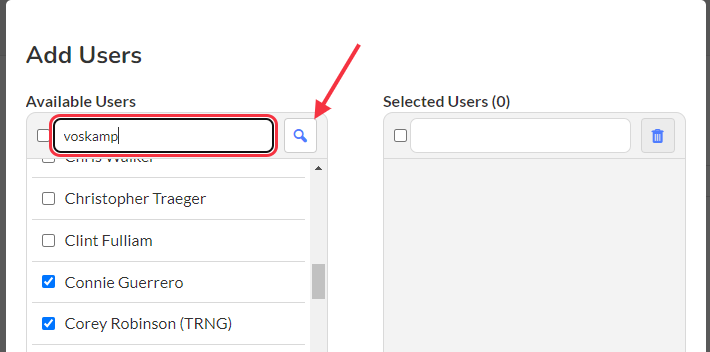 You can search for a user by typing a keyword into the search bar and selecting the magnifying glass icon.