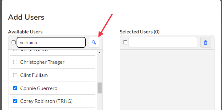 You can search for a user by typing a keyword into the search bar and selecting the magnifying glass icon.