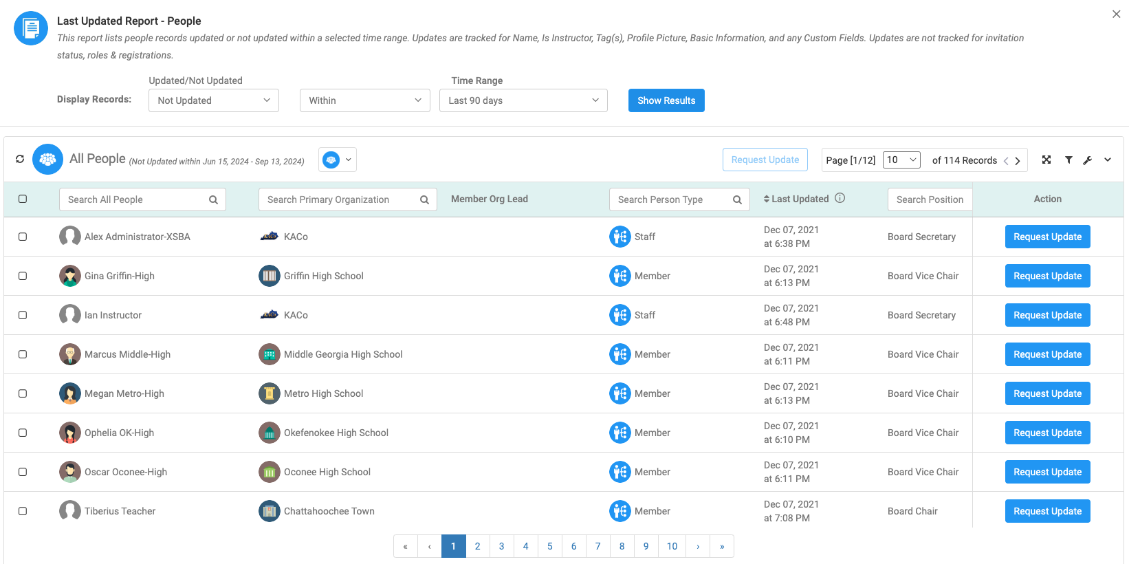Click on Request Update to send an email requesting an individual update