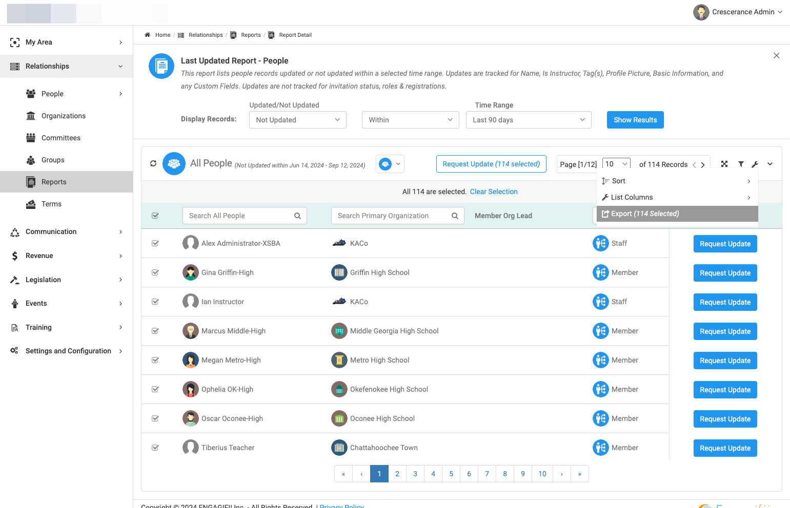 Click on Export (114 Selected)