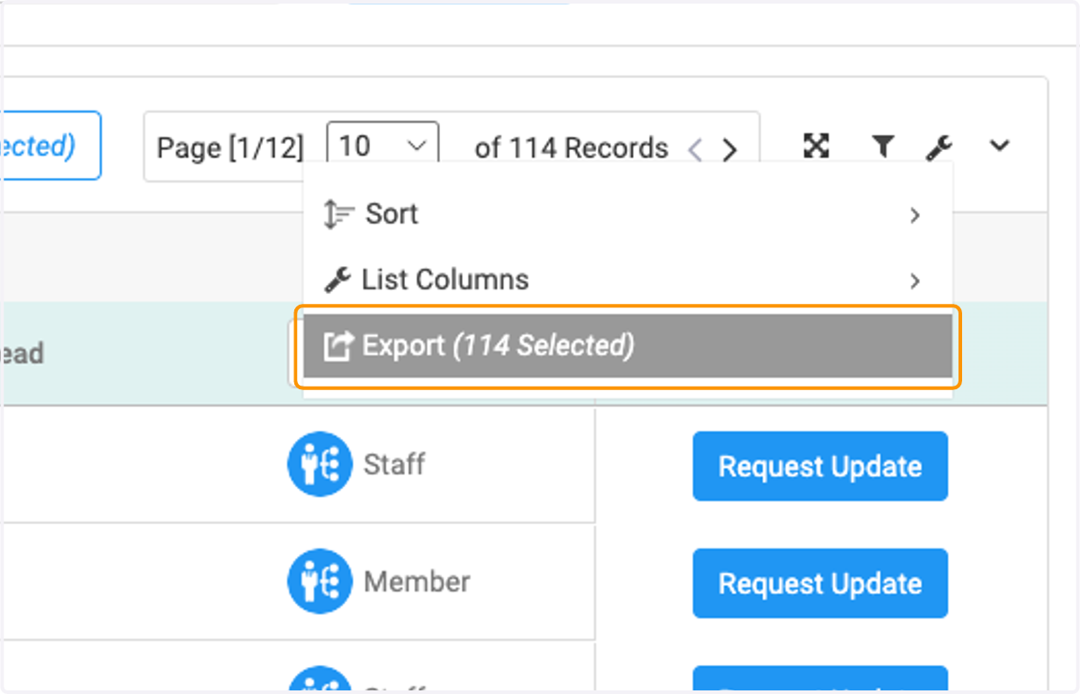 Click on Export (114 Selected)