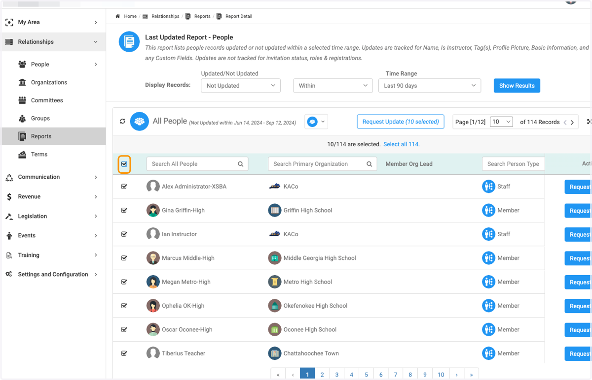 To export a report, check the box to select all people
