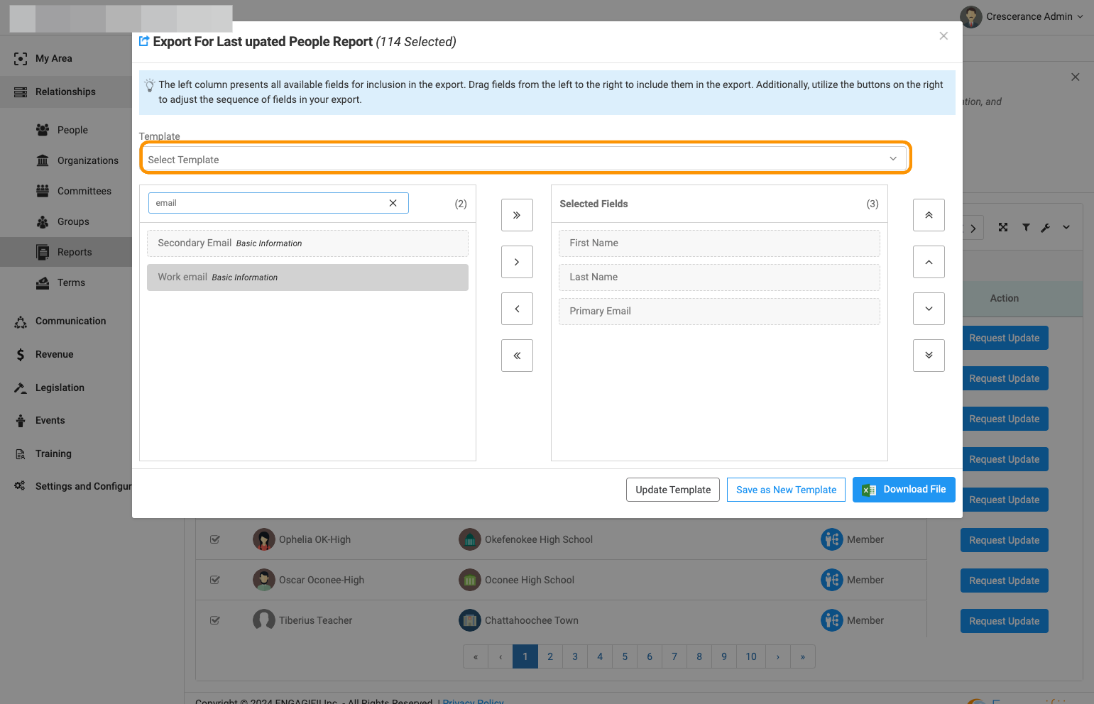 Select and drag the fields you want on your report or if you've previously created a report template, chose that.