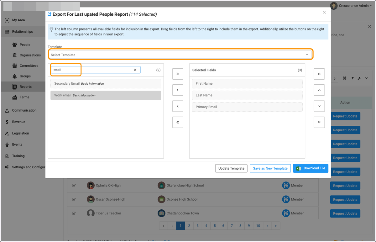Select and drag the fields you want on your report or if you've previously created a report template, chose that.
