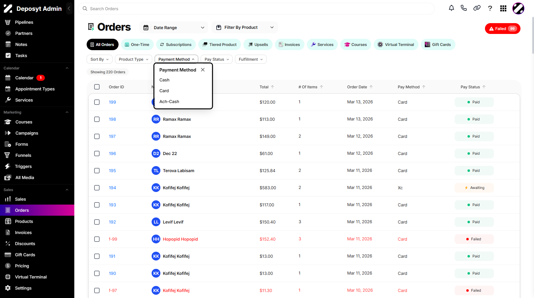 Step 5: Next is filtering by Payment Method. You can choose between Cash, Card, or ACH-Cash to filter your orders.
