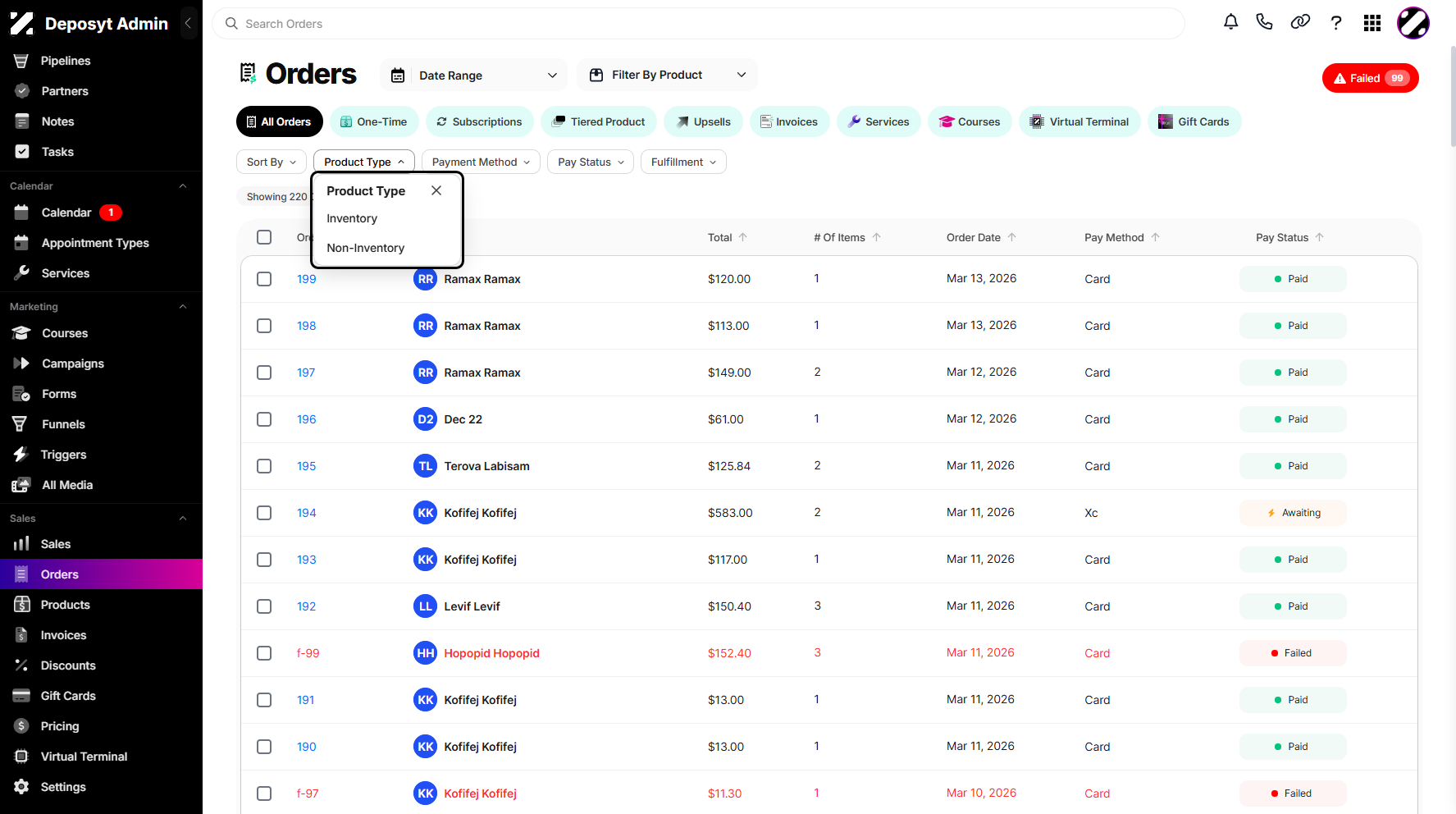 Step 4: You can filter your orders by Product Type: Inventory or Non-Inventory.