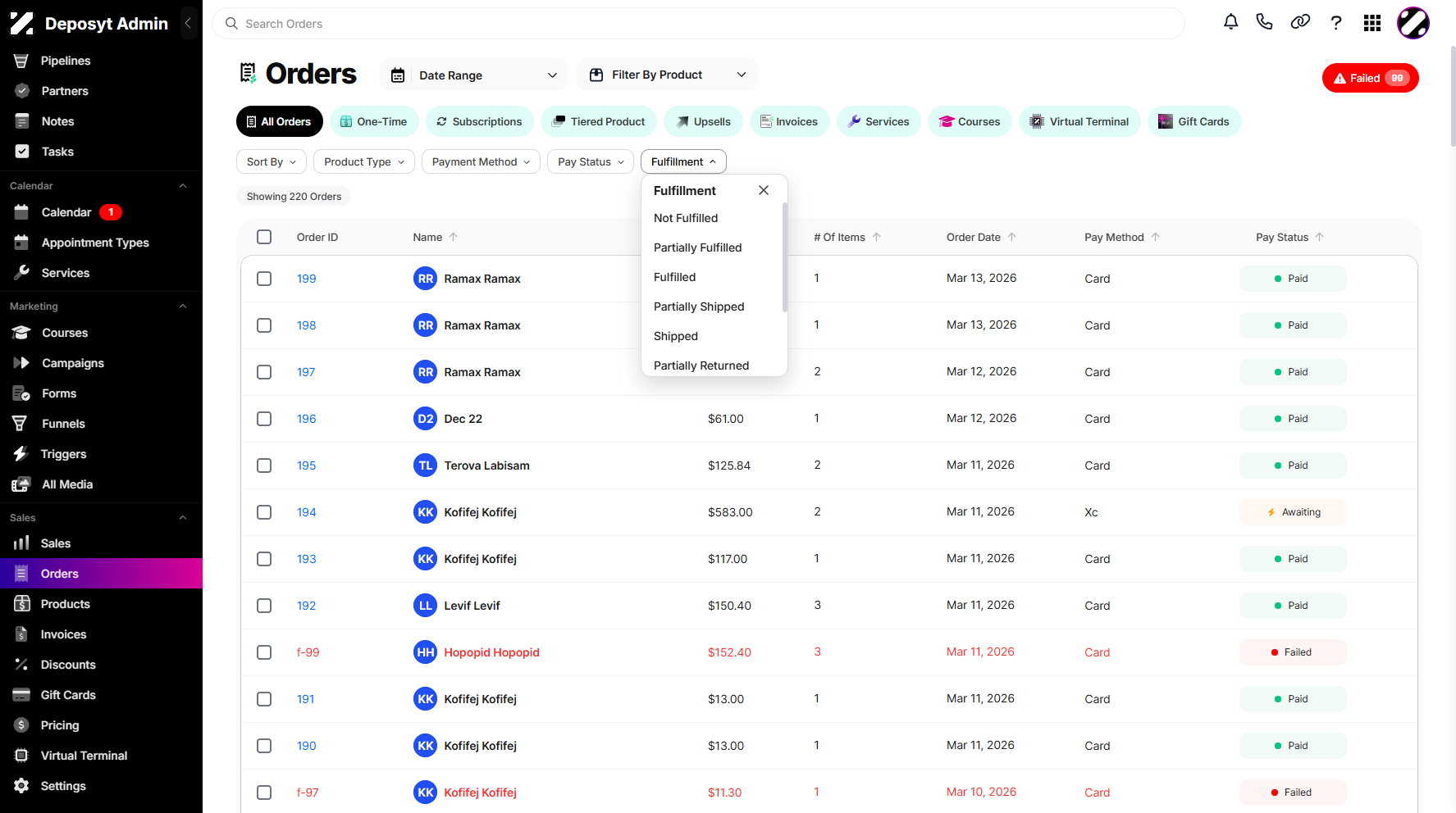 Step 7: Lastly, you can filter by Fulfillment. Options include Not Fulfilled, Partially Fulfilled, Fulfilled, Partially Shipped, Shipped, Partially Returned, Returned, Canceled, and Requires Action.