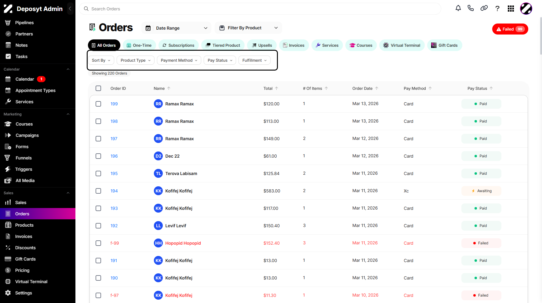 Step 3: The filtering options are located above the orders preview.