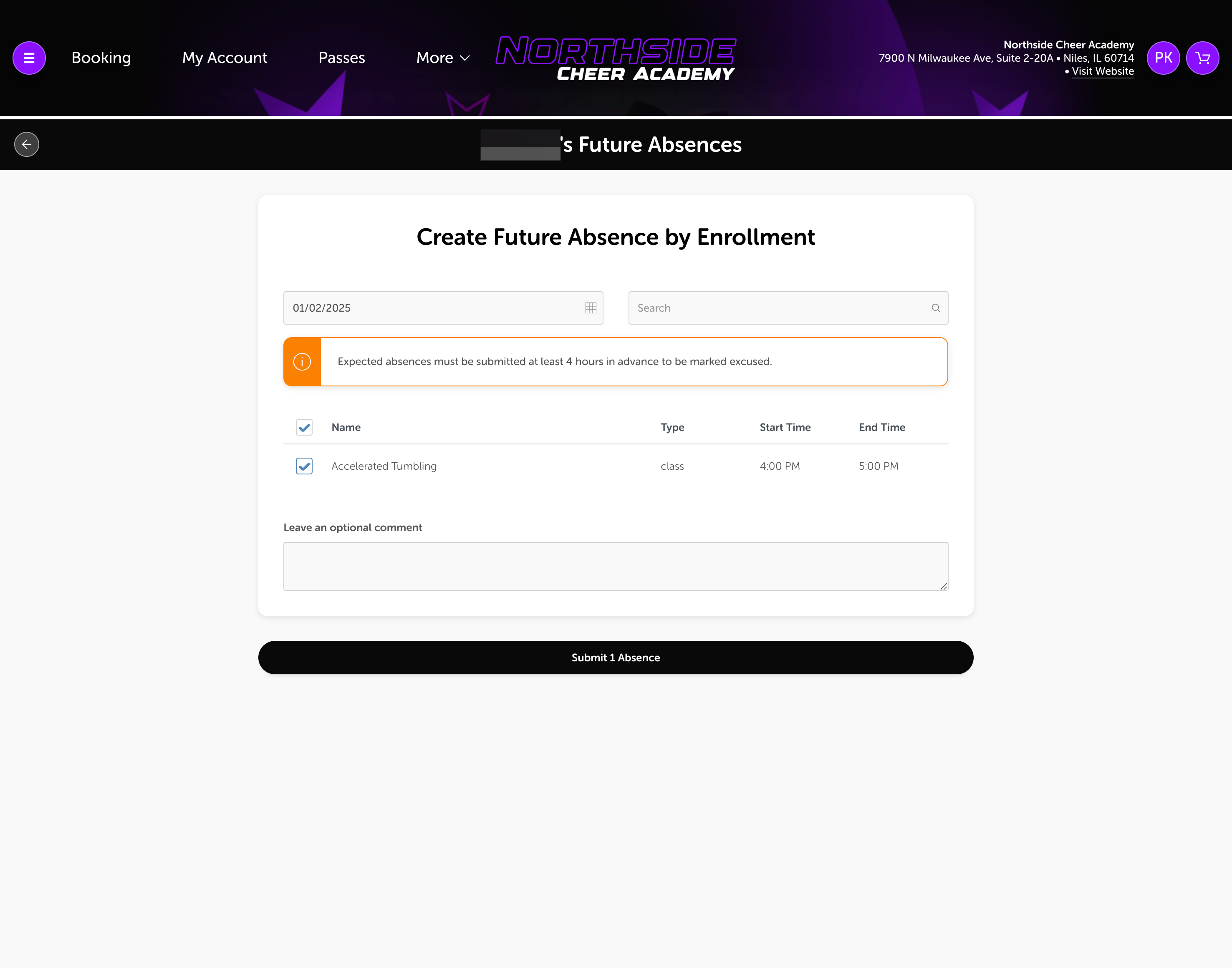 All Enrollments for the selected date will show. Select all or the individual enrollment to mark absent.