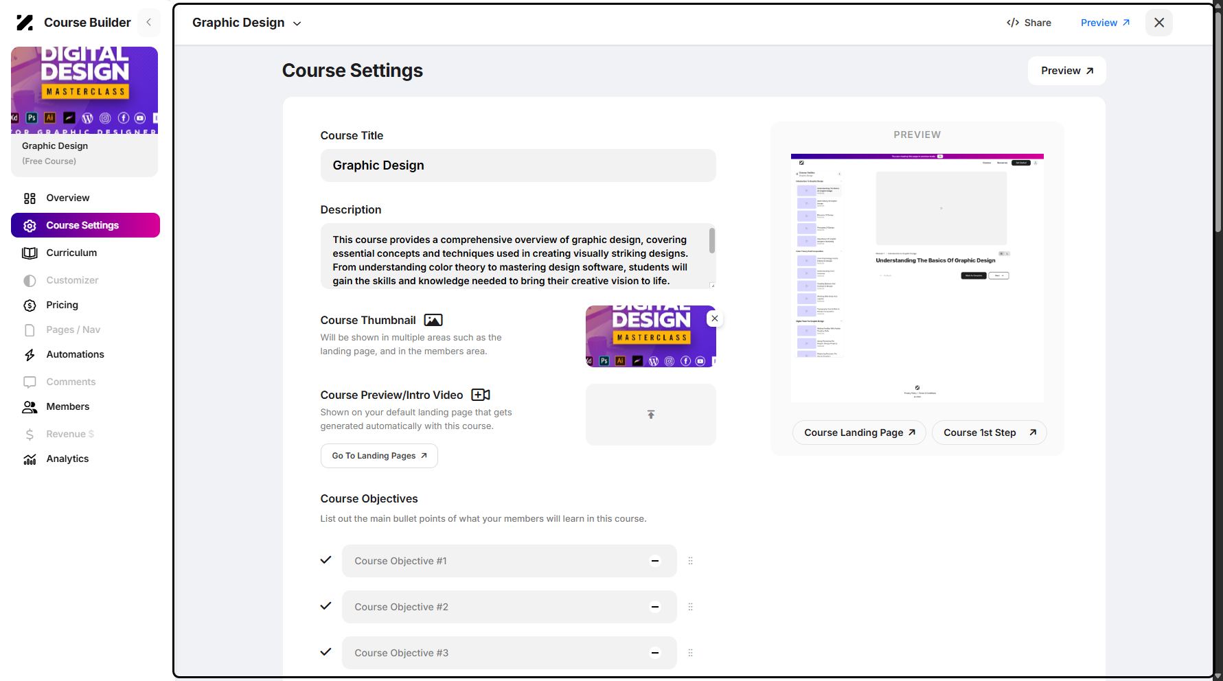 Step 5: You will then be taken to the Course Settings page, where you can edit the course title and update its description.