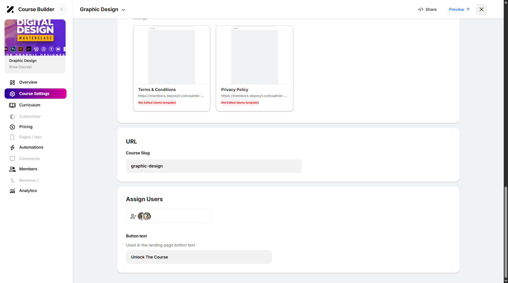 Step 13: Lastly, the Course Settings page allows you to assign users to the course.