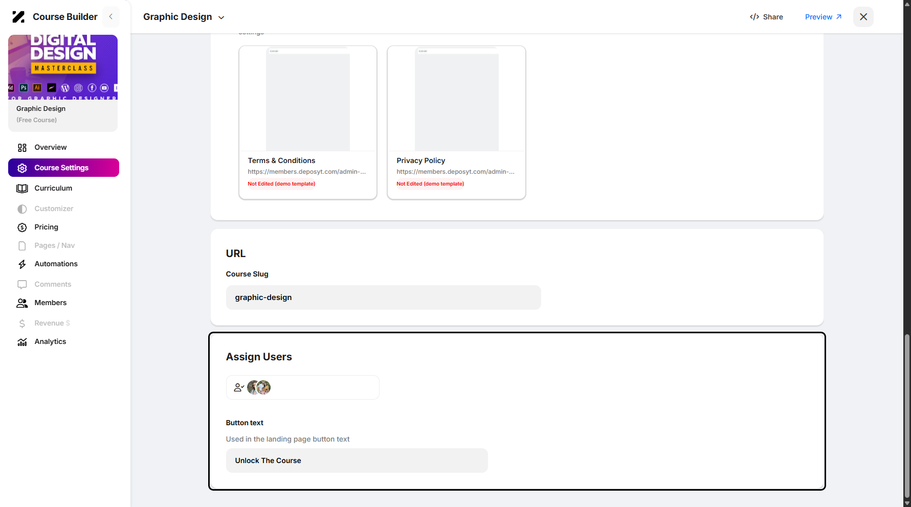 Step 13: Lastly, the Course Settings page allows you to assign users to the course.