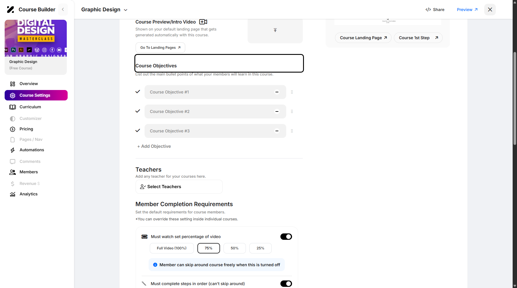 Step 8: Adding course objectives is also available.