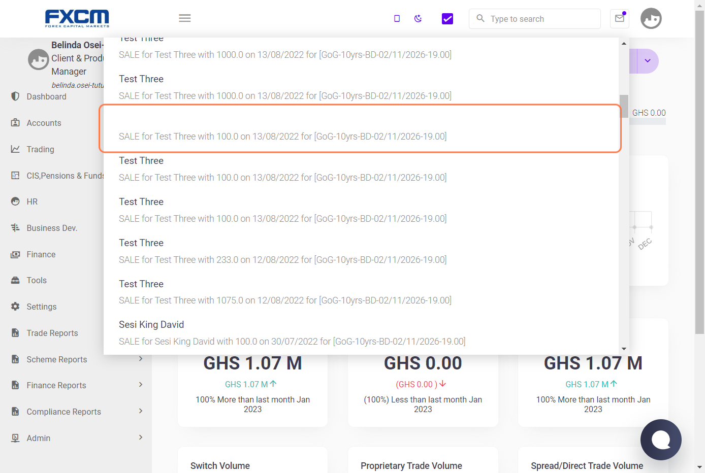 A modal view of pending order requests after clicking on the mail icon