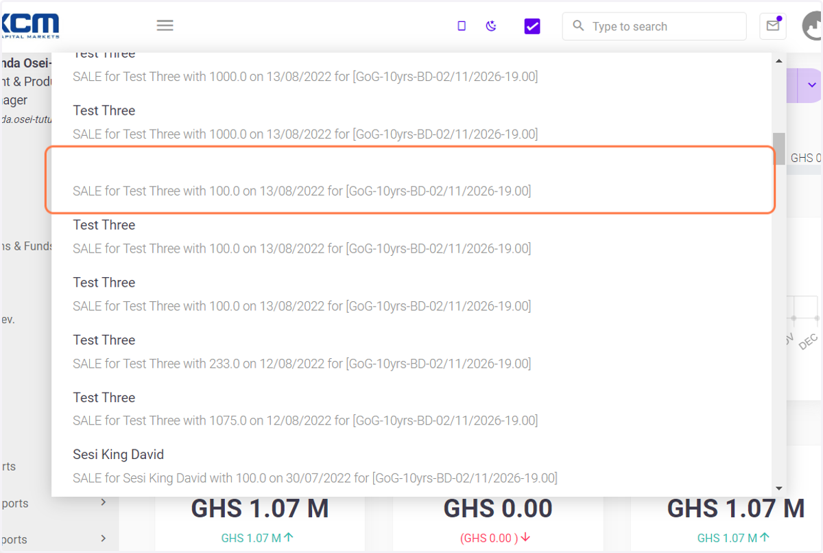 A modal view of pending order requests after clicking on the mail icon