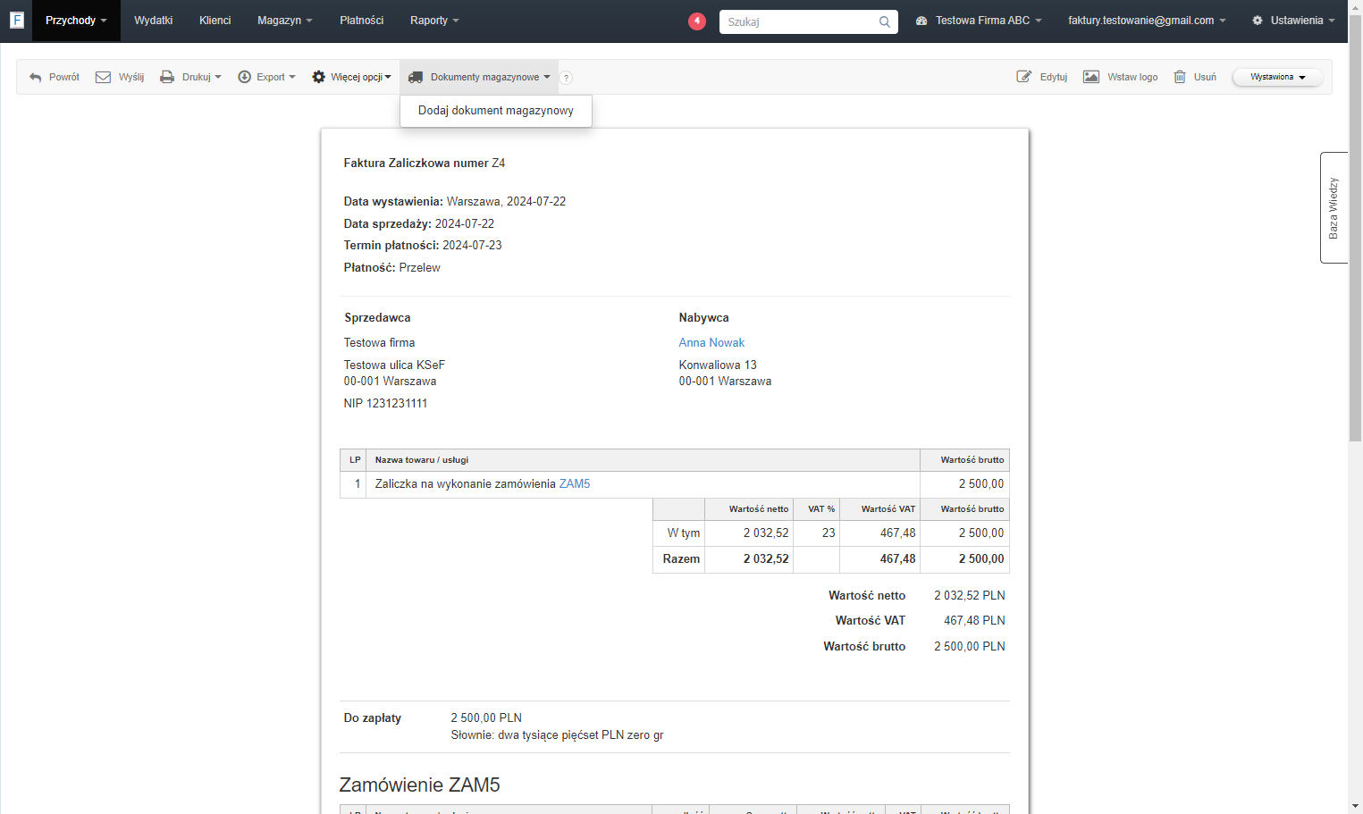 System wyświetlił jedynie opcję 'Dodaj dokument magazynowy' co oznacza, że WZ dla faktury zaliczkowej nie zostało utworzone automatycznie. System zadziałał więc prawidłowo.