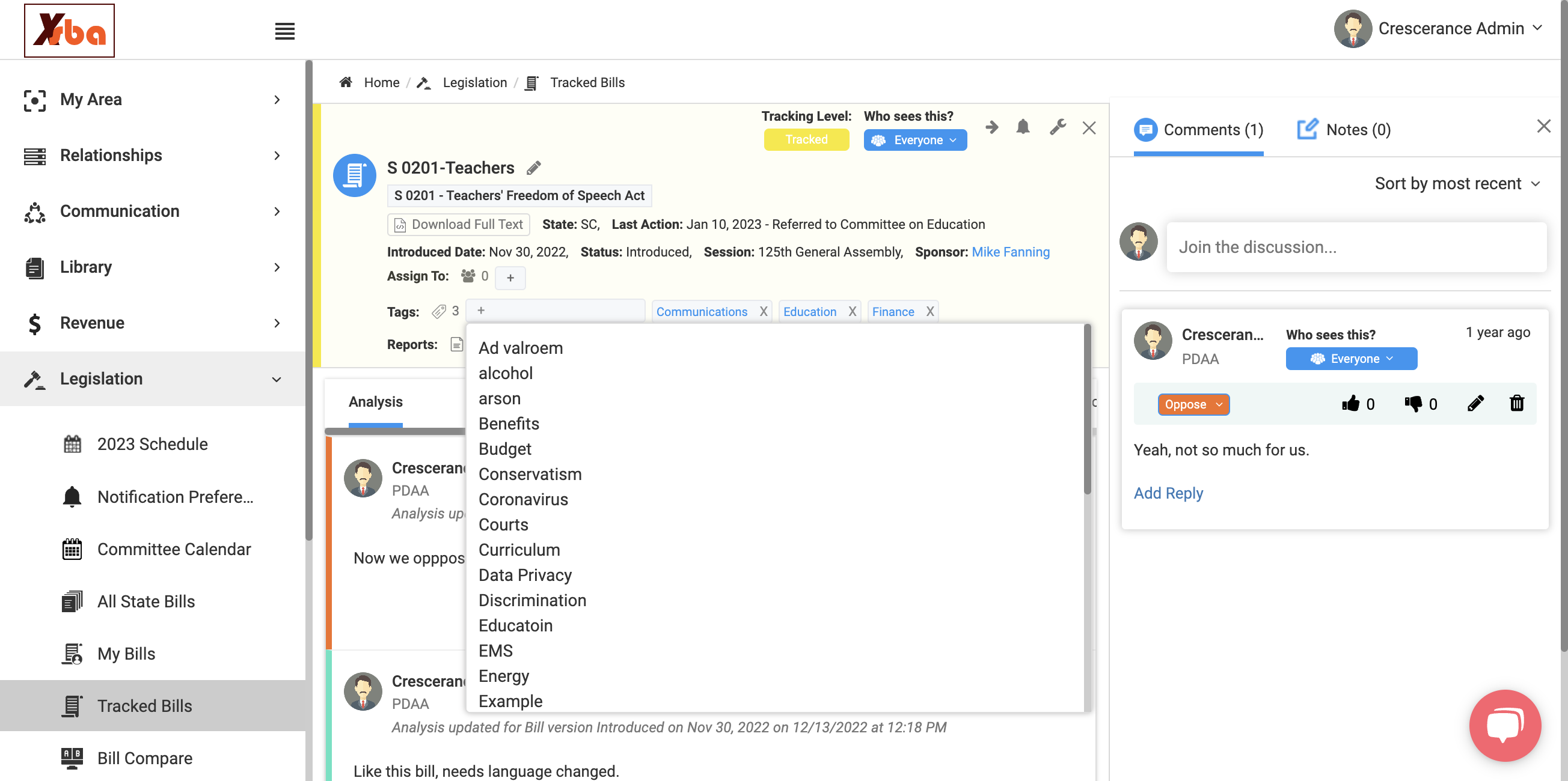 On the bill detail page, click on the plus sign associated with the Tags row, start typing to add a new tag to the list, and press enter when finished