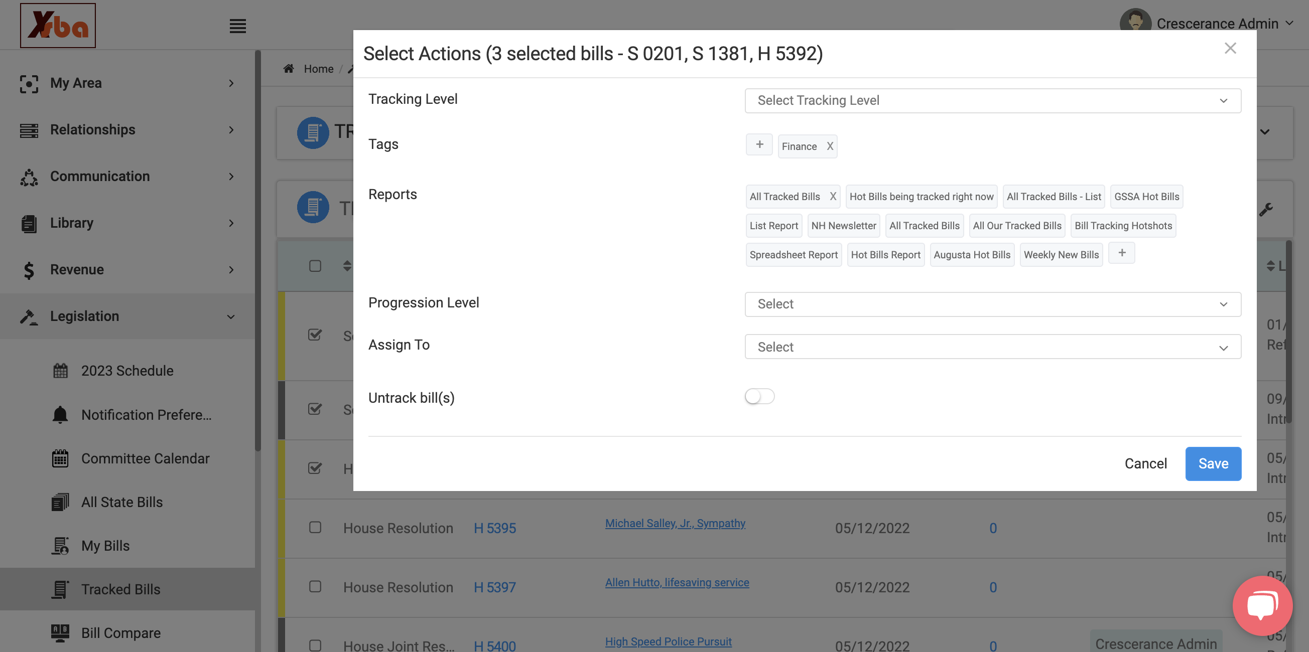 Click on 'Save' to save your changes and associate your newly created tag(s) with the tracked bills