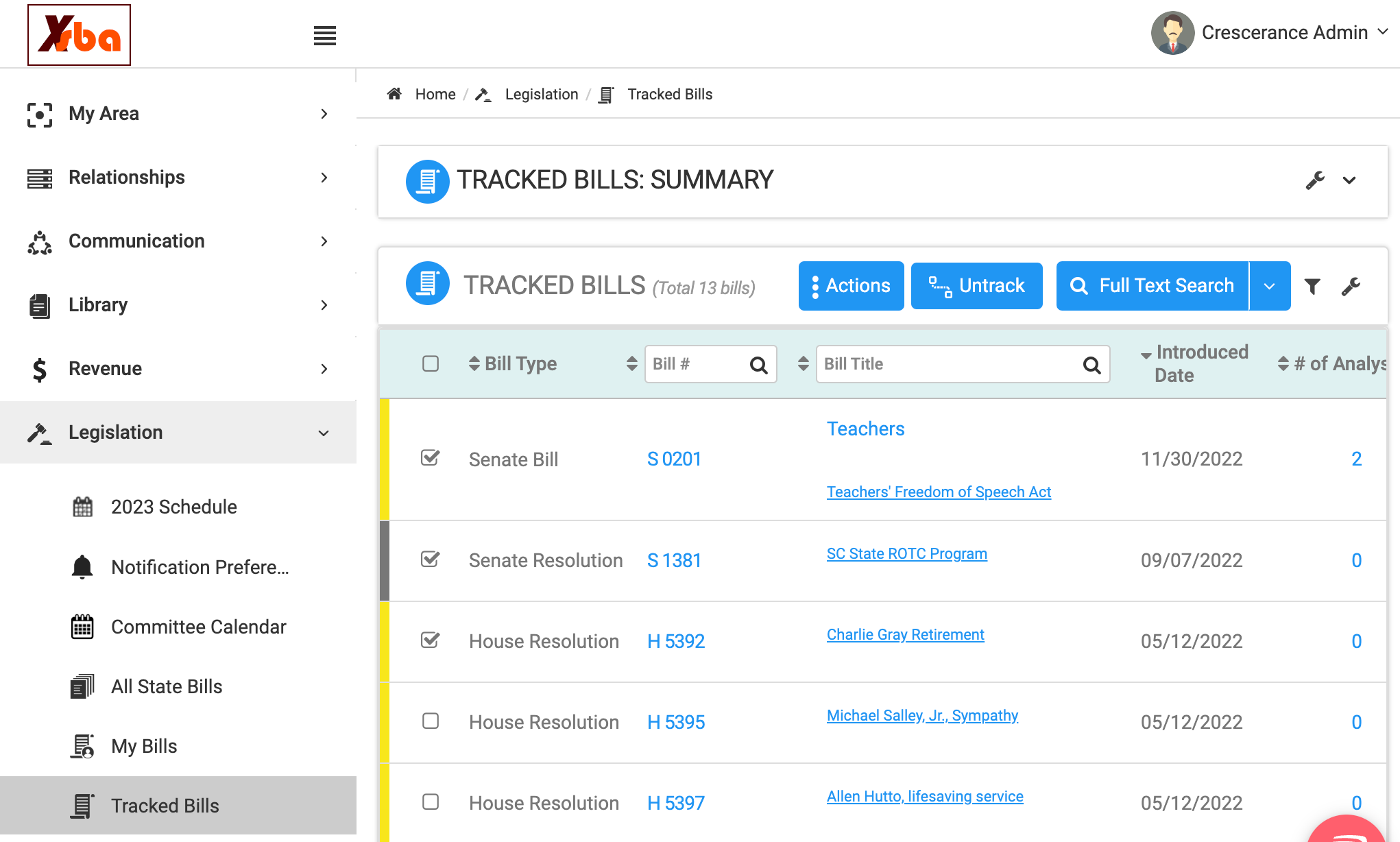 On the Tracked Bills tab, select one or multiple tracked bills