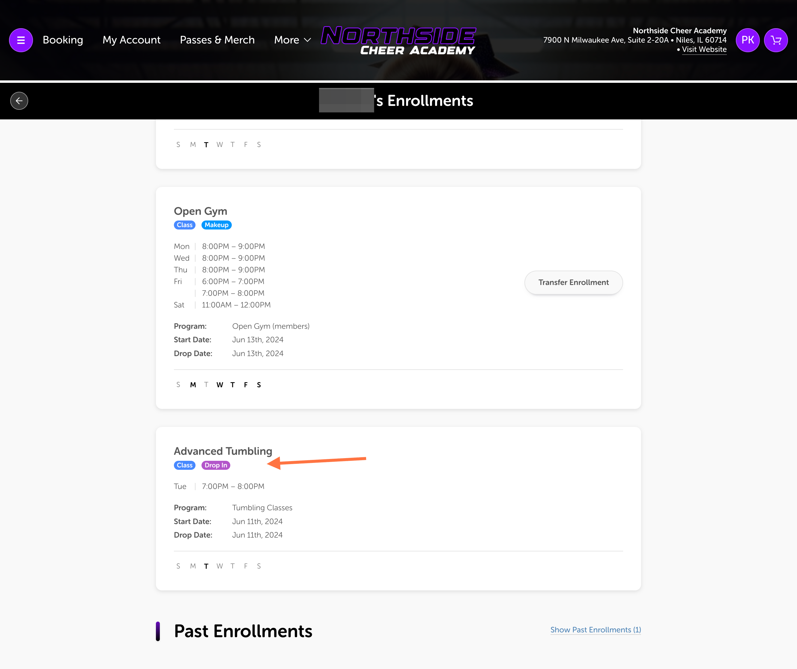 You'll see all enrollments on this page. Drop-Ins will be labeled as 'Drop In'