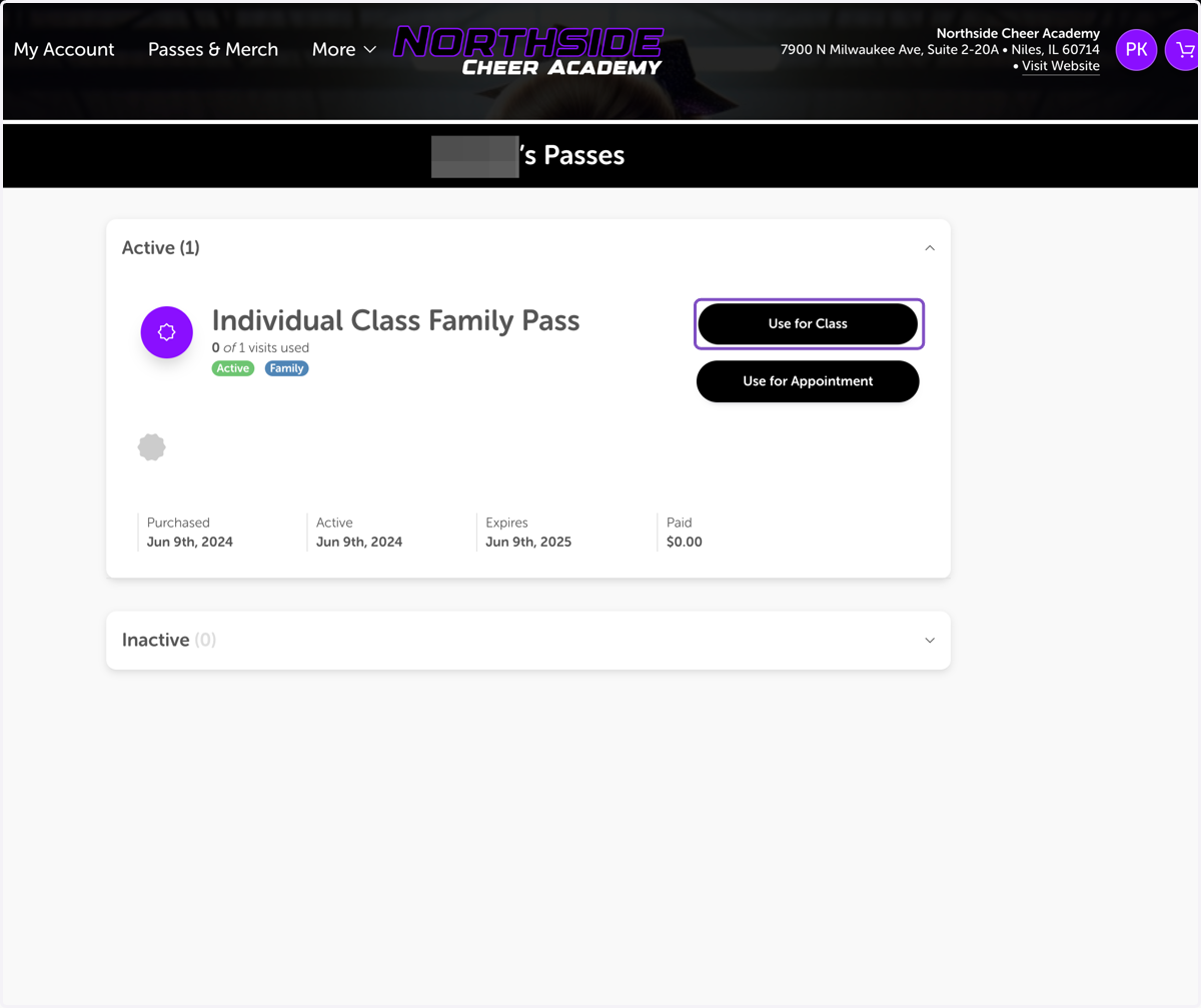 Verify this is the pass you're redeeming, and select 'Use for Class'