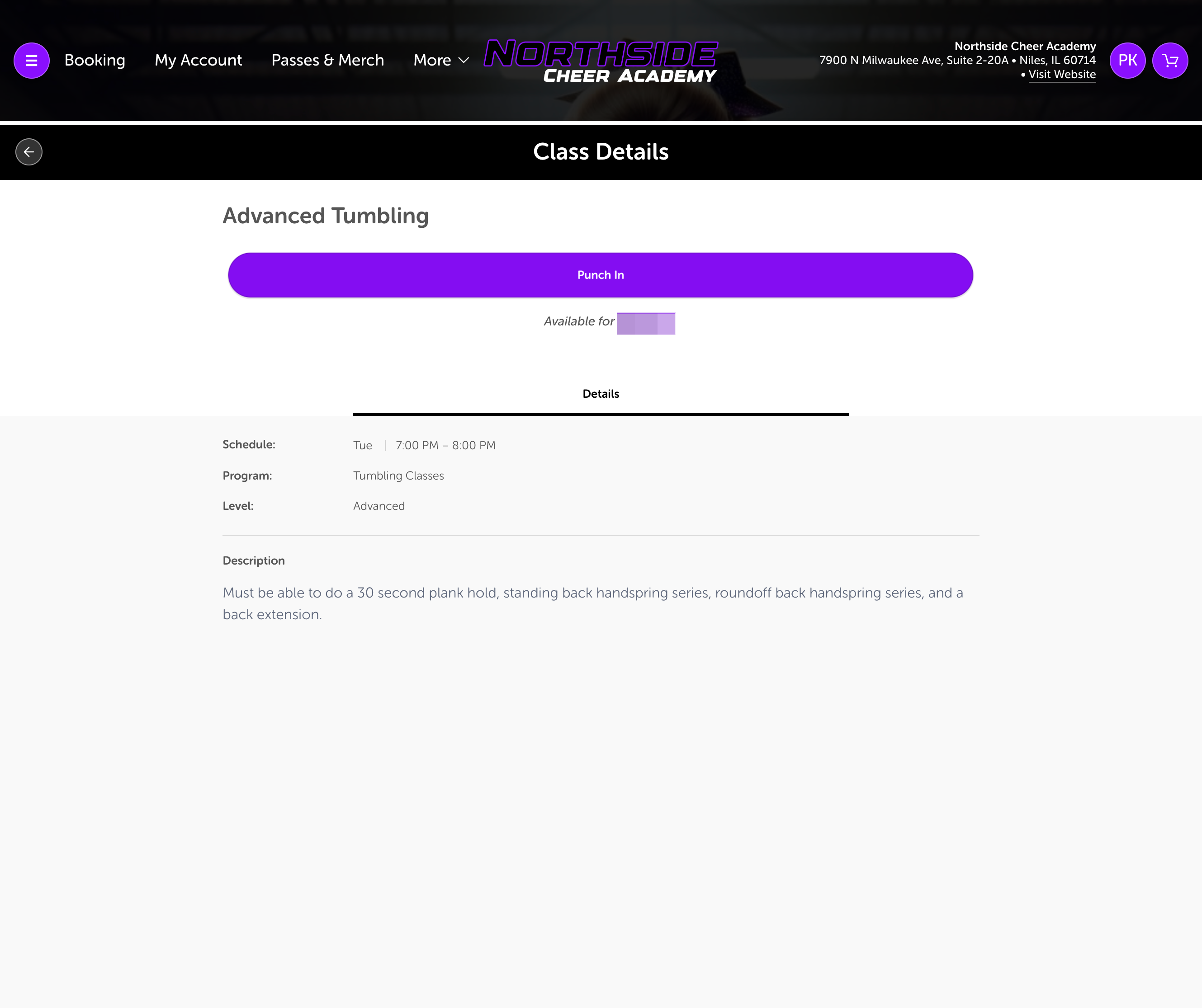 Verify the class selected, and click 'Punch In' to reserve.