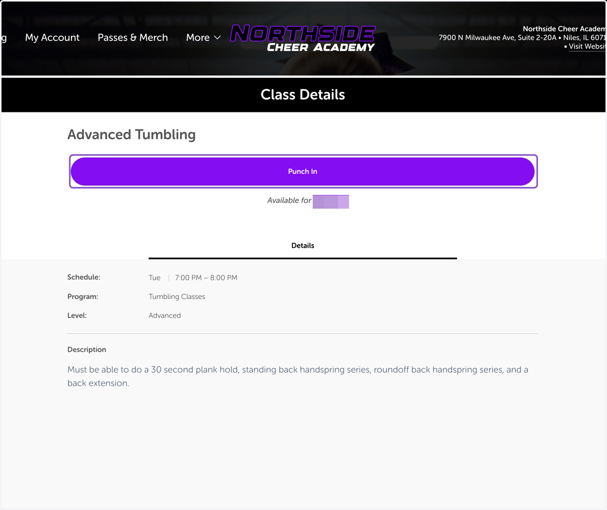 Verify the class selected, and click 'Punch In' to reserve.