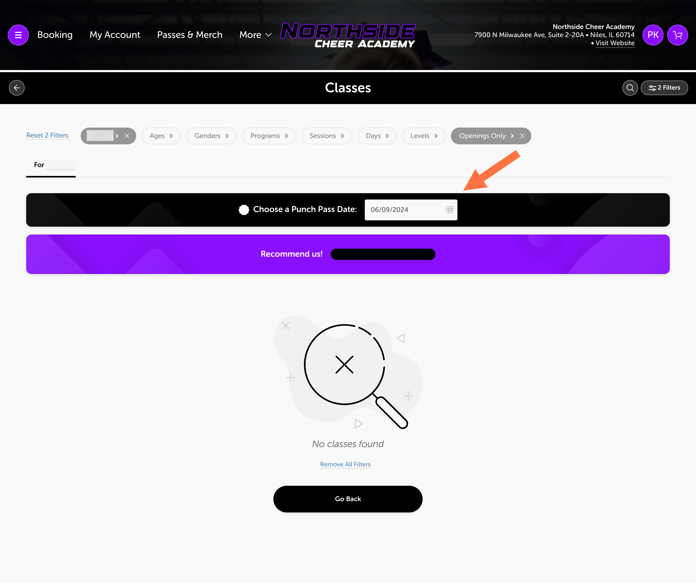 Adjust the date filter to the day you with to schedule your class.