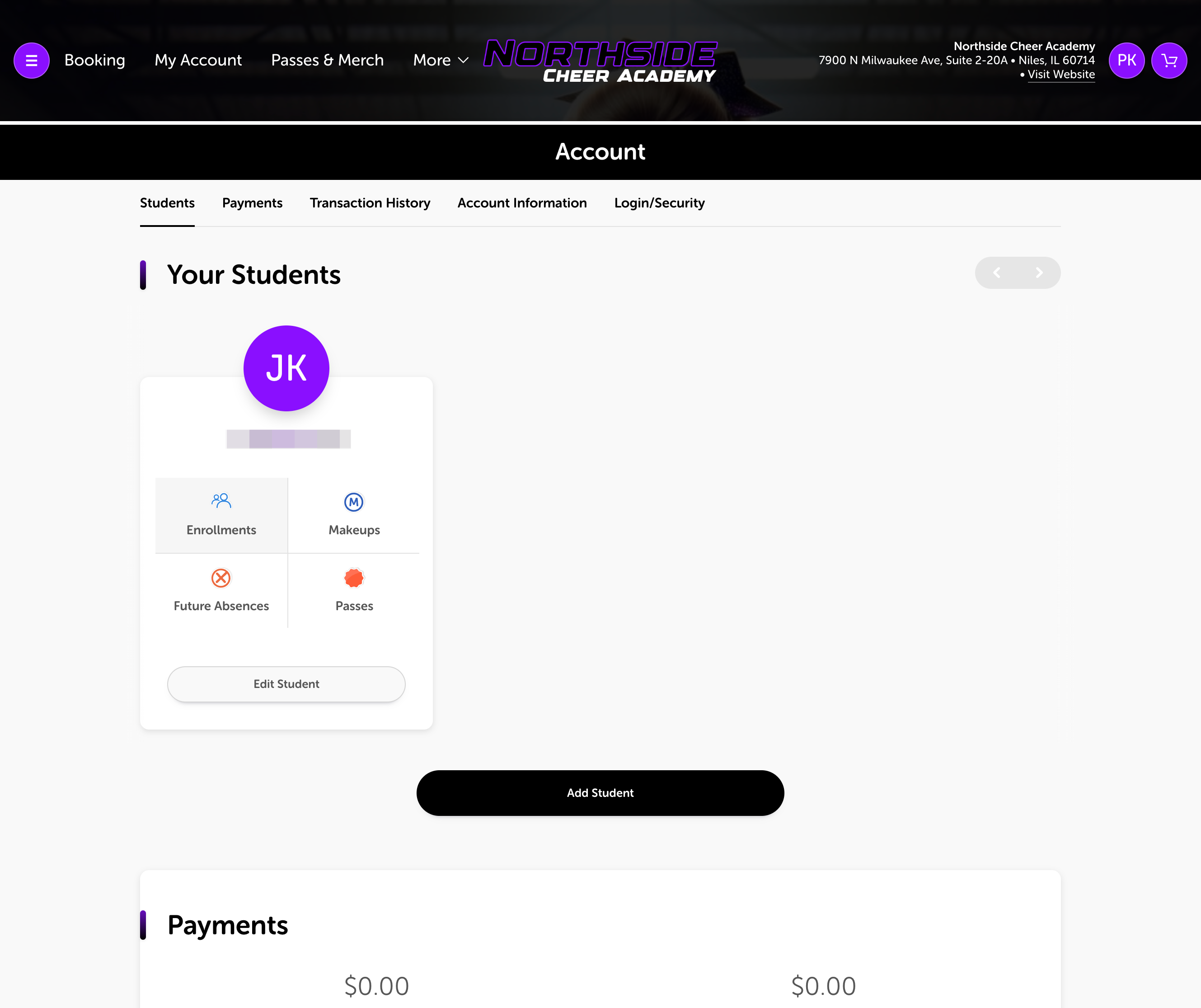 After pressing close you're brought back to the 'My Account' page. To see the booked Drop-In, select 'Enrollments' under the student.
