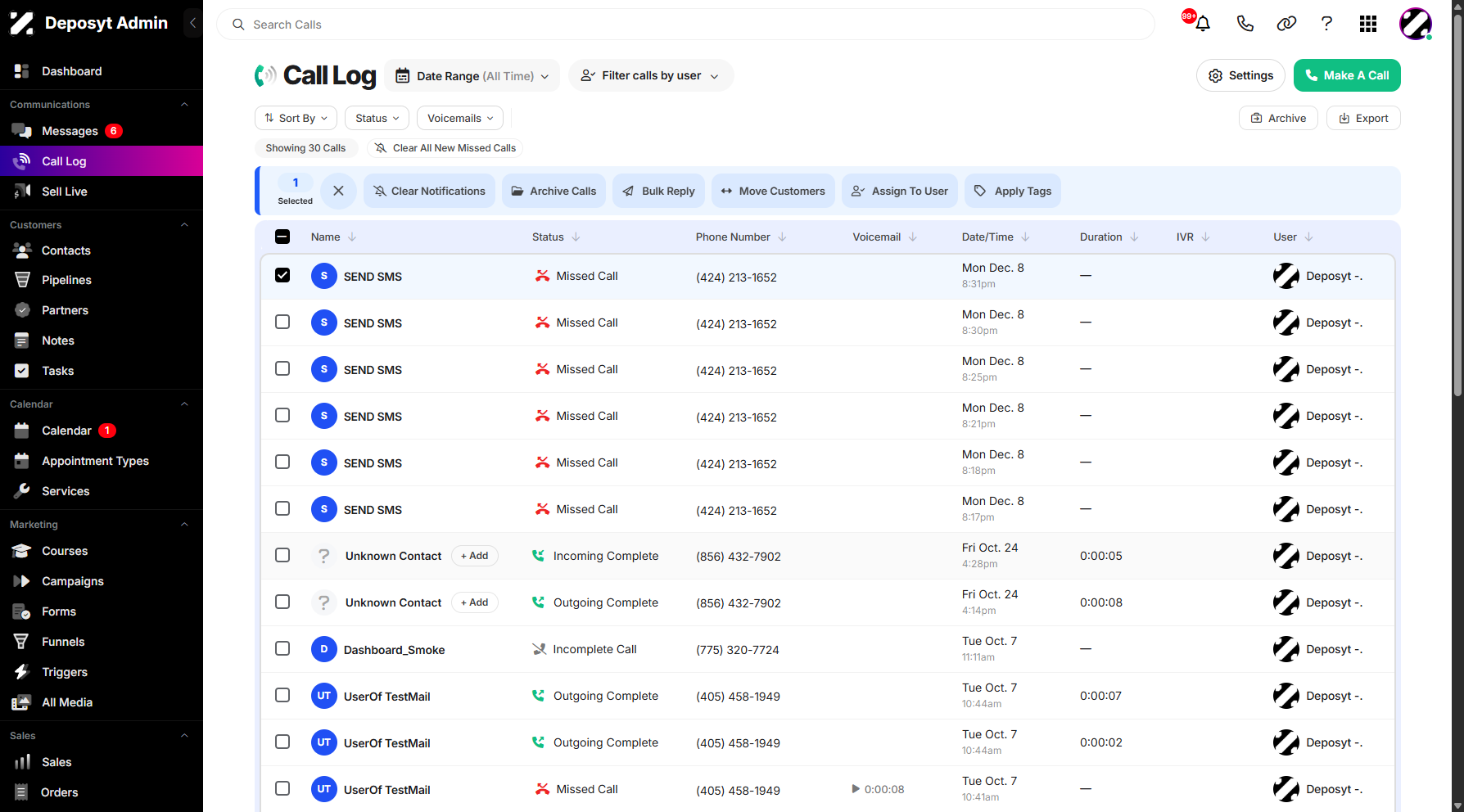 Step 3: To enable the Bulk Assign User action, select a call history entry from the list by clicking its checkbox.