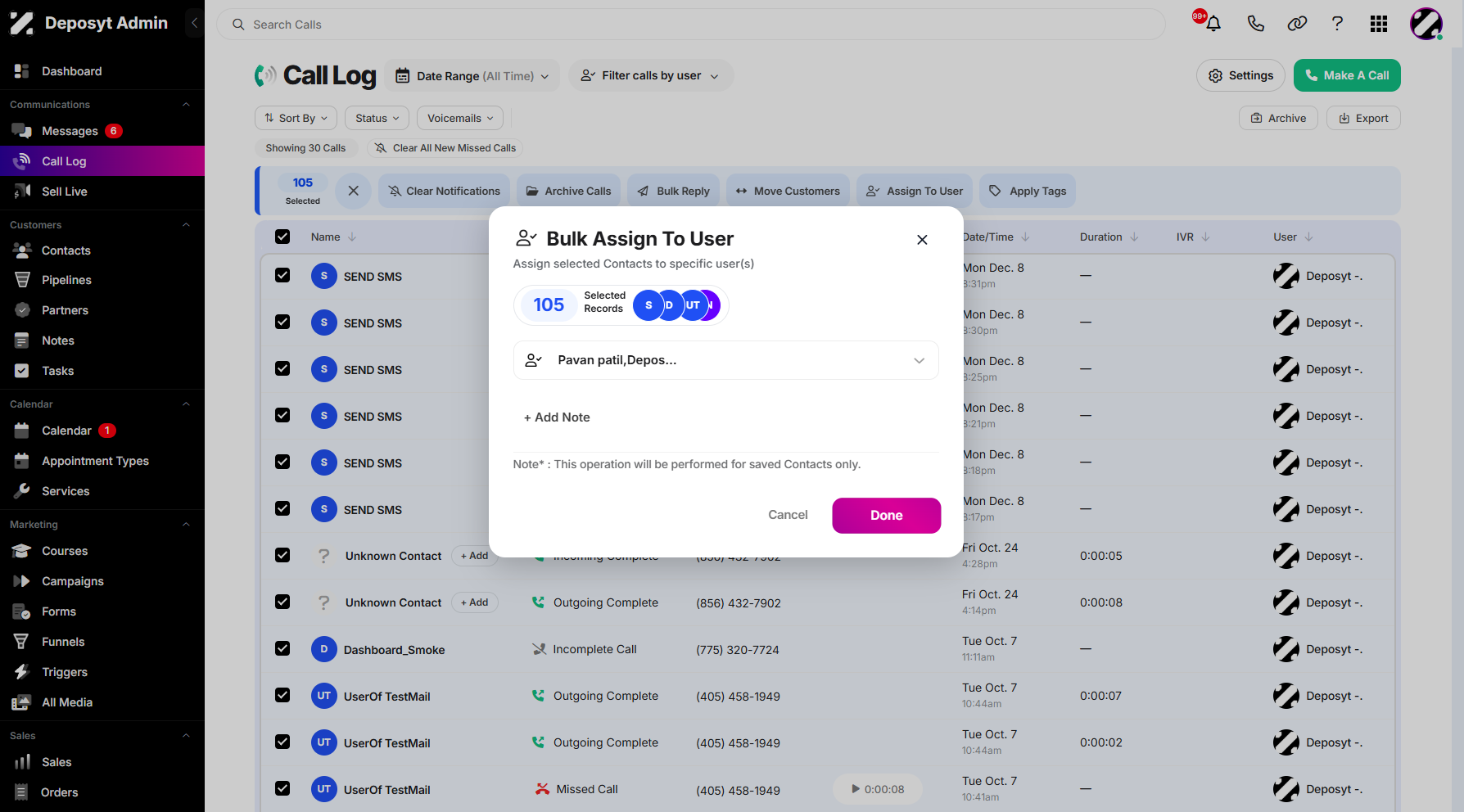 Step 10: Click on Done to proceed with the assignment. This will apply the selected user(s) to the chosen call history entries.