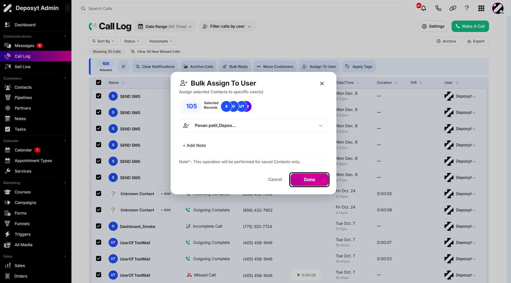 Step 10: Click on Done to proceed with the assignment. This will apply the selected user(s) to the chosen call history entries.
