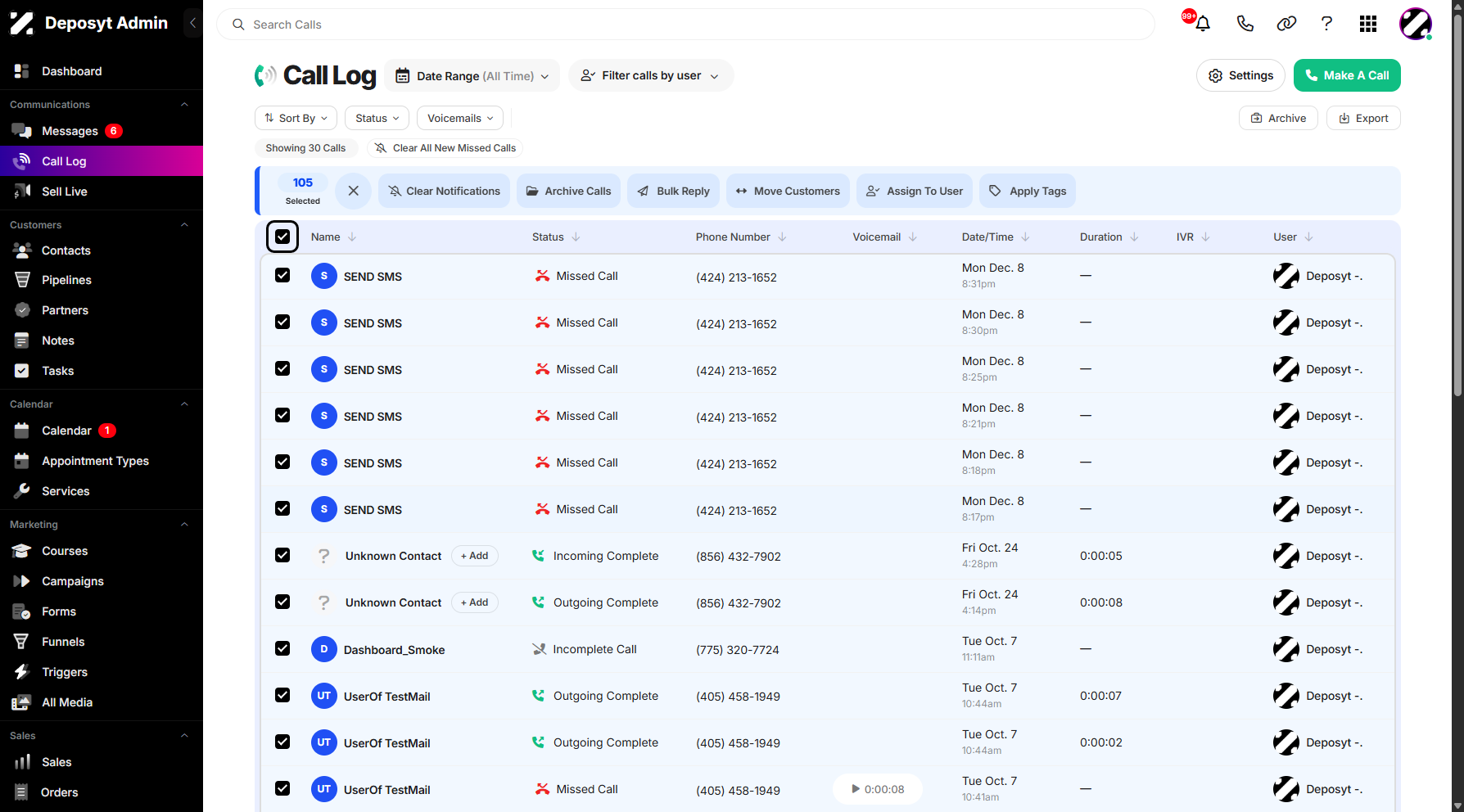 Step 4: Alternatively, you can click the Select All checkbox at the top to select all call history entries.