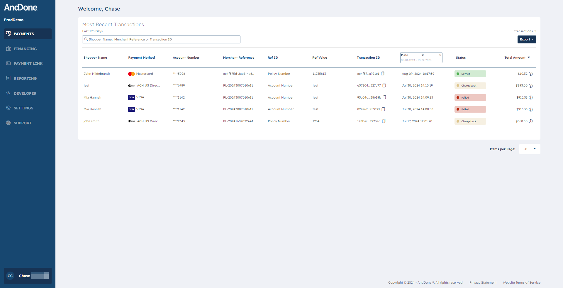 Helpful tip: you may also export your transactions by Clicking on Export