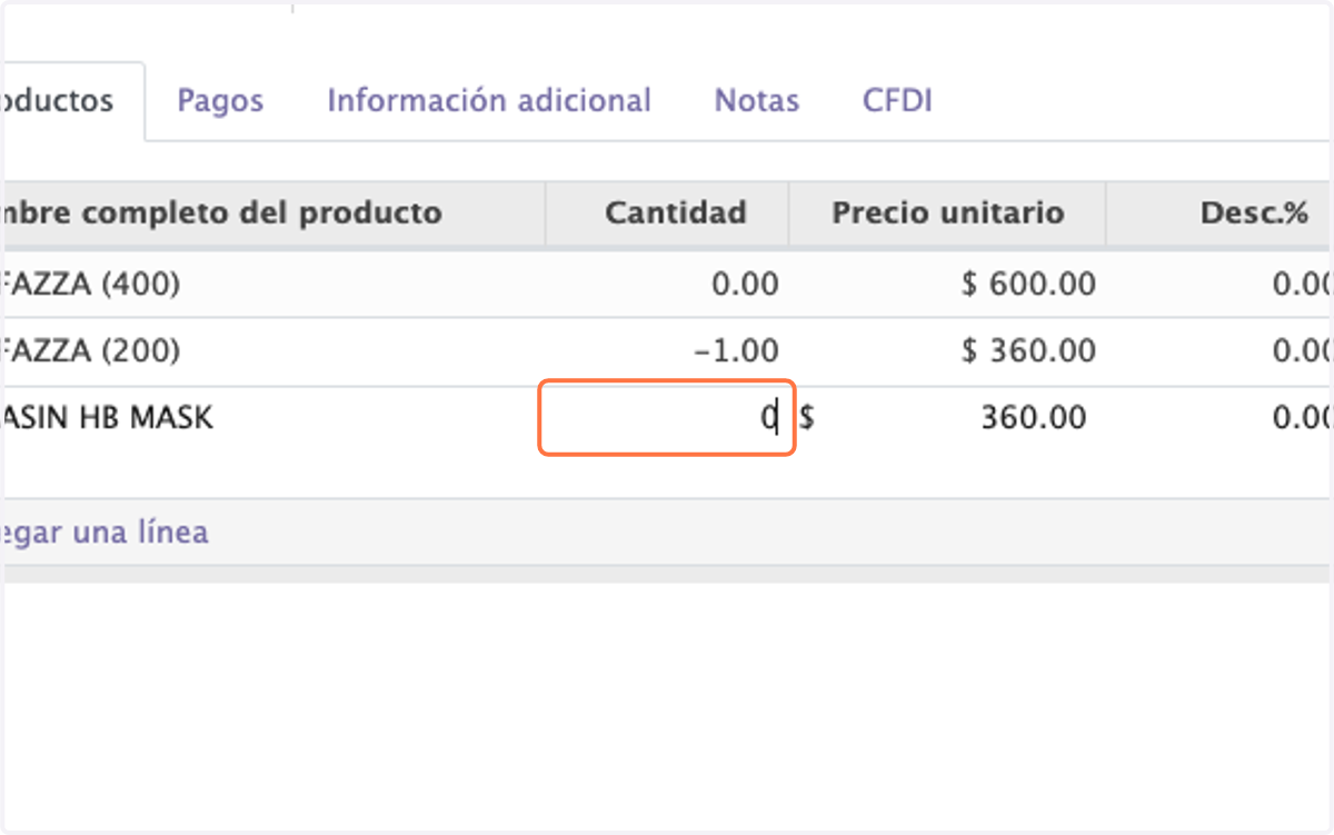 Ponemos la cantidad de productos a regresar en negativo y el resto de los productos los ponemos en 0 ya que con esto indicamos que esos productos no se regresaran.