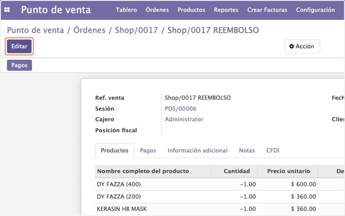 Una vez abierta la ventana de devolución damos Click en Editar