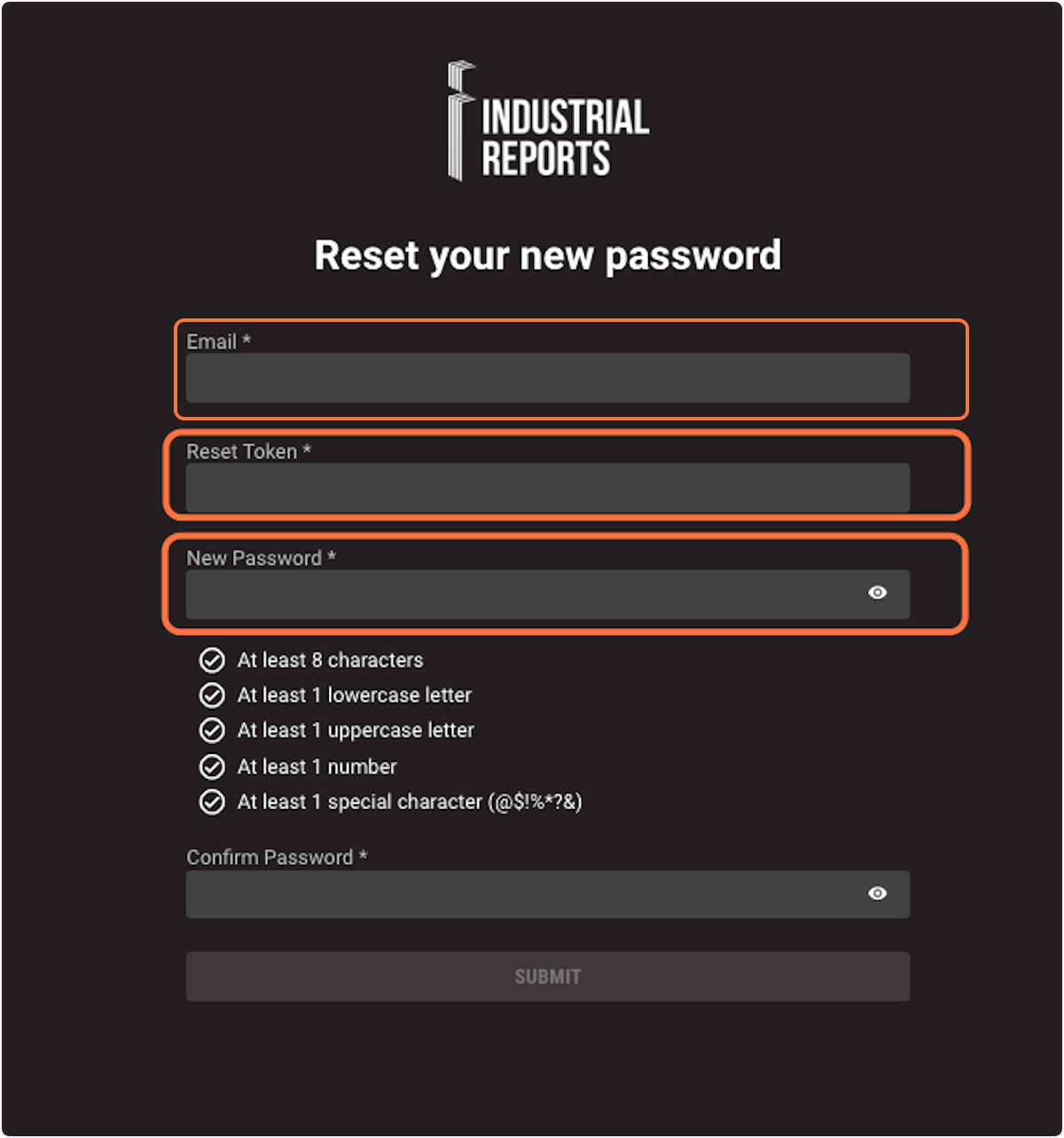Enter your email address, reset token and create a new password.