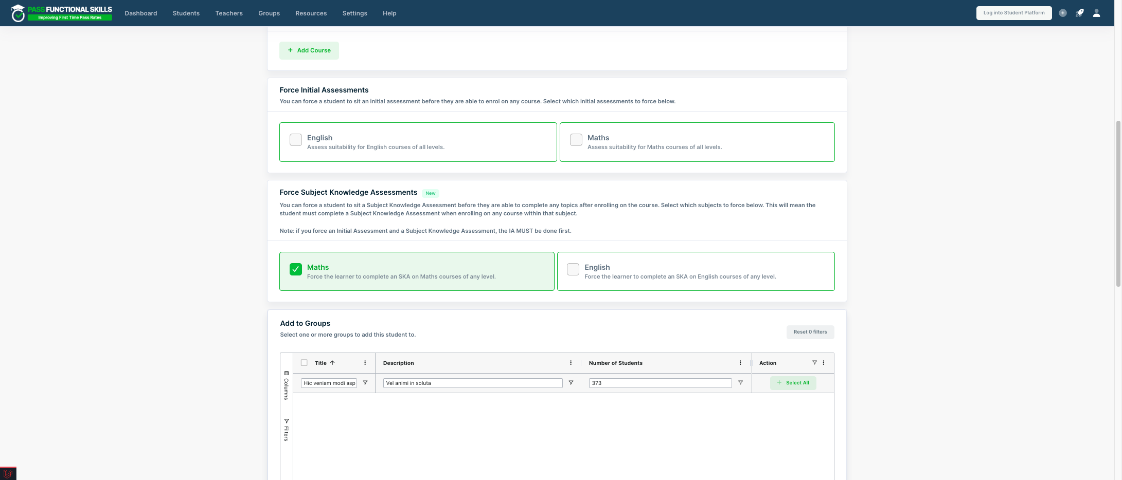 Fill in the student’s details as usual. When you reach the “Force Subject Knowledge Assessments” section, select the subject(s) for which you want to enforce the SKA by ticking the appropriate checkboxes.