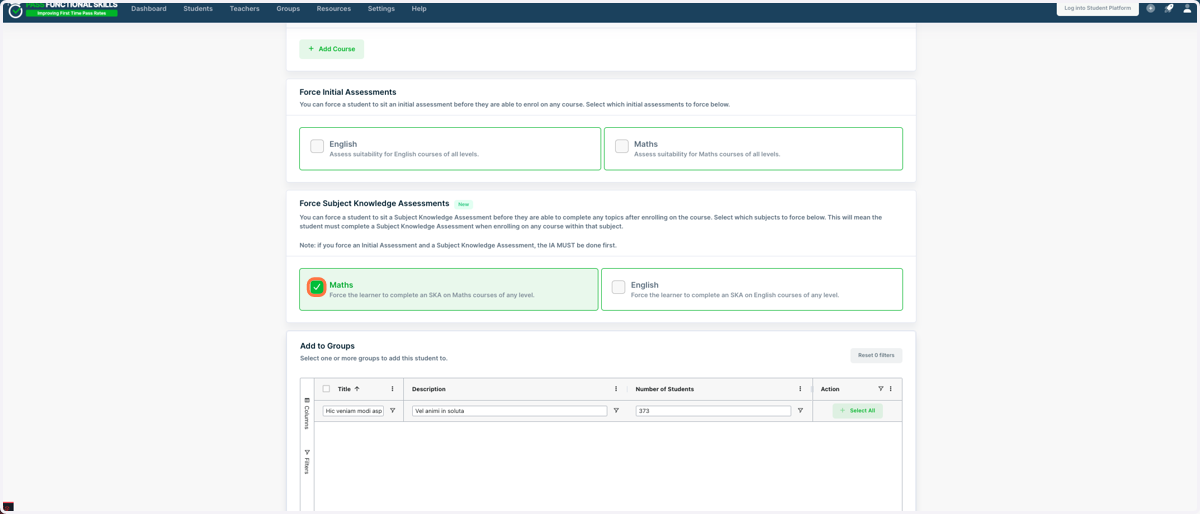 Fill in the student’s details as usual. When you reach the “Force Subject Knowledge Assessments” section, select the subject(s) for which you want to enforce the SKA by ticking the appropriate checkboxes.