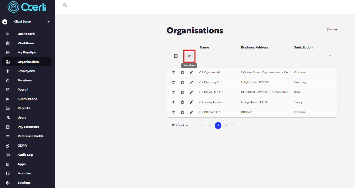Clear - used to clear filters that have been set or clear changes to the record you are editing. Note: you cannot clear data from employee or organisation records that have been featured in a payslip