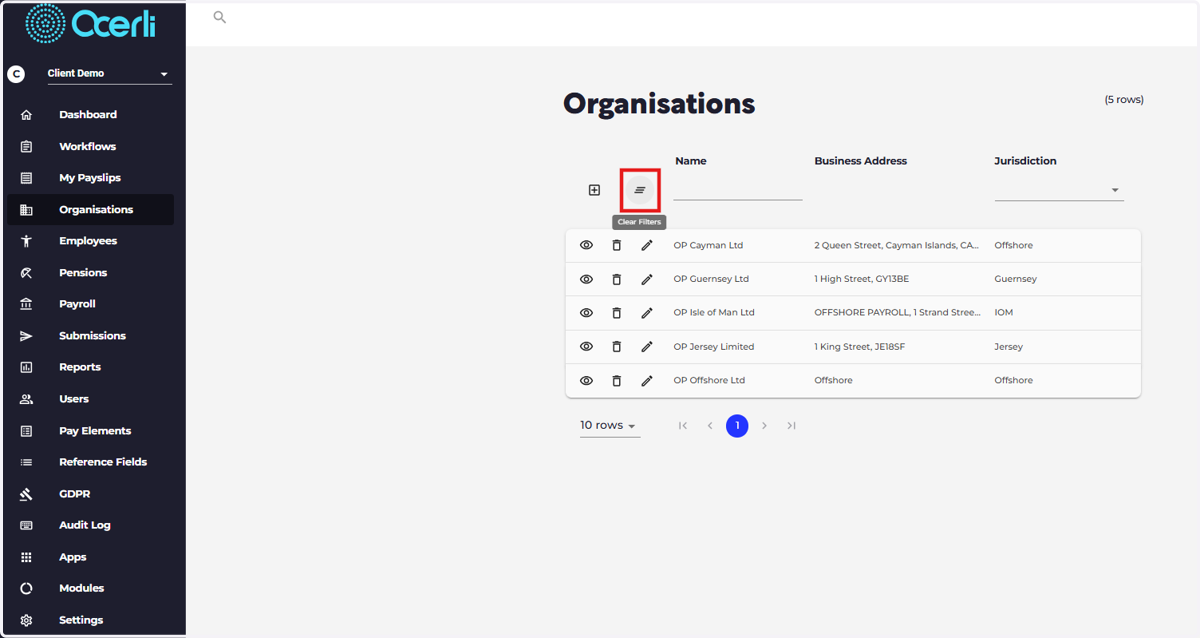 Clear - used to clear filters that have been set or clear changes to the record you are editing. Note: you cannot clear data from employee or organisation records that have been featured in a payslip