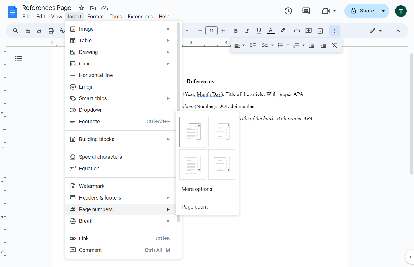 Click on Row 1. Column 1. Page number in header starting on the first page