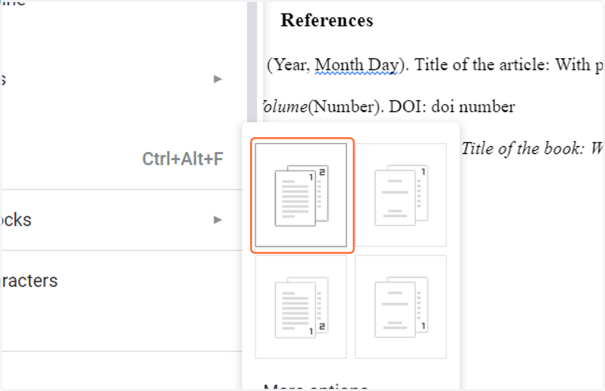 Click on Row 1. Column 1. Page number in header starting on the first page