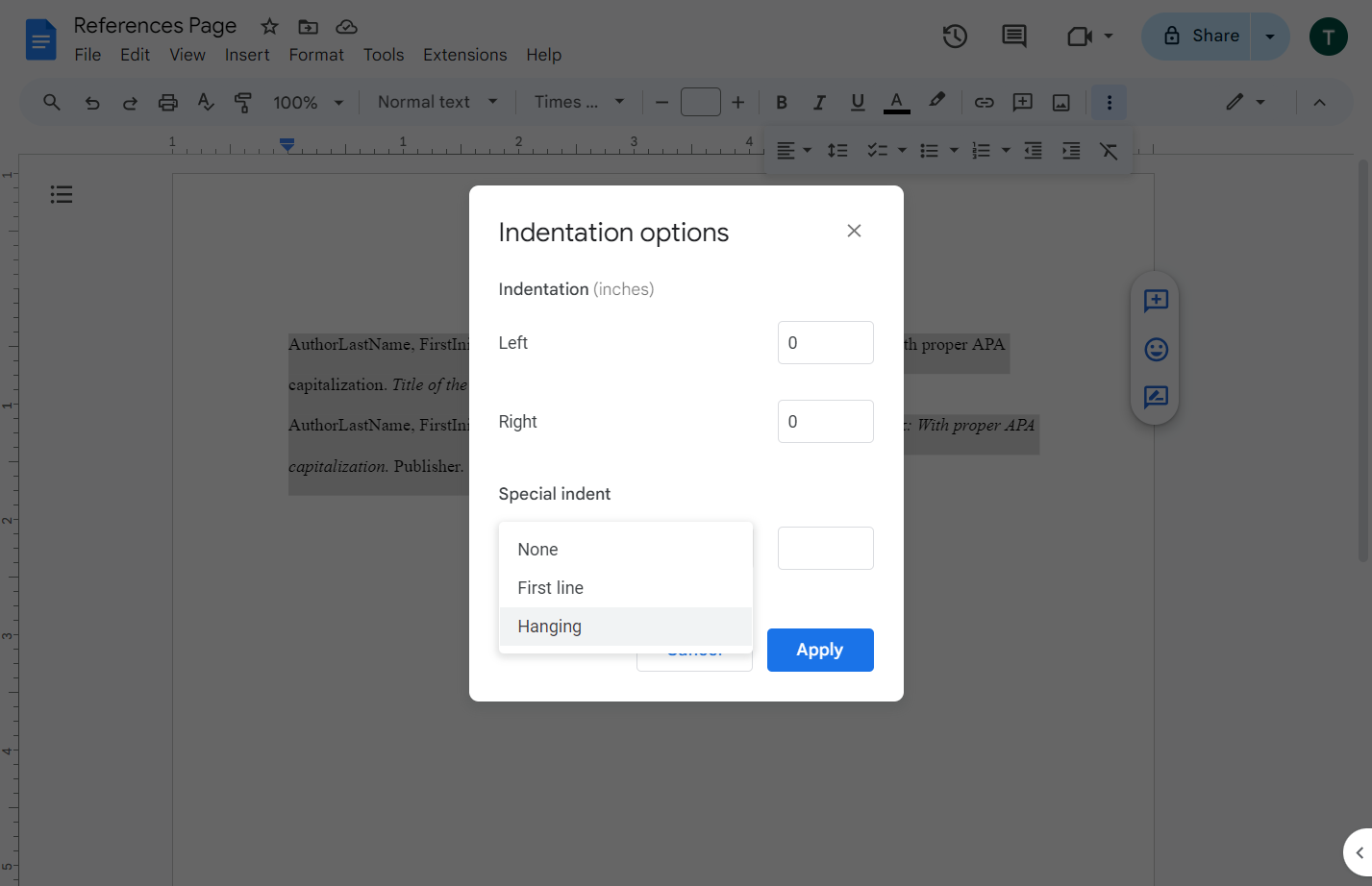 Click on Hanging indentation