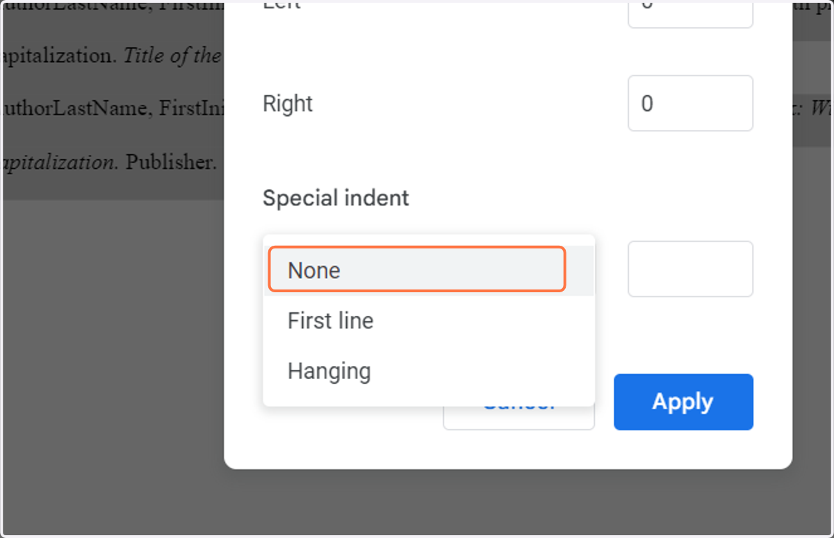 Click on No special indentation