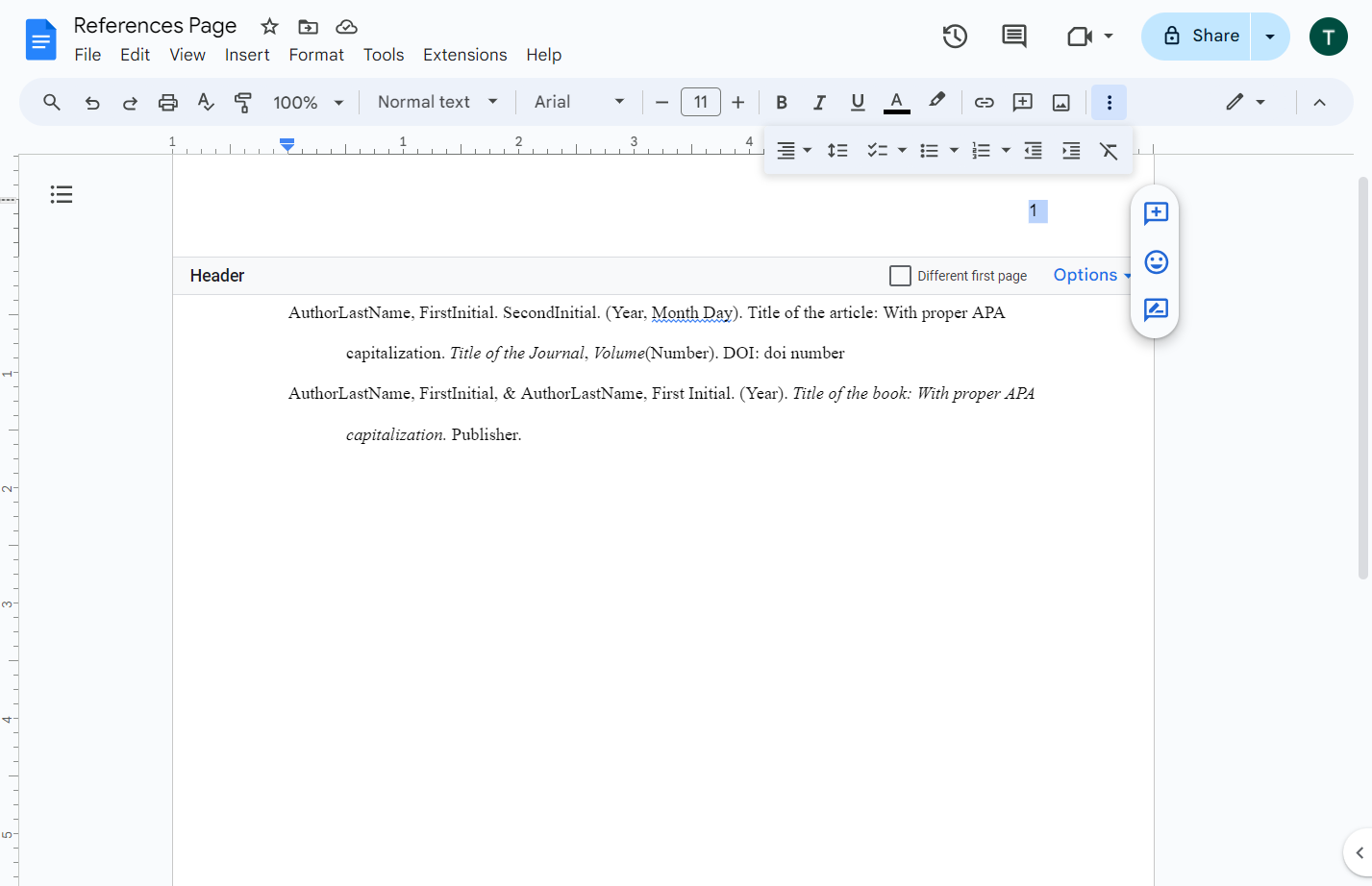 Highlight the page number in the Header.